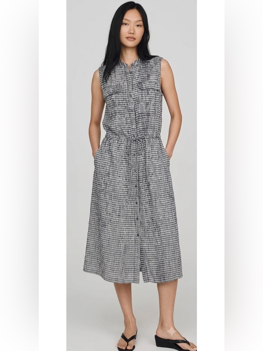 Ann Taylor Patterned Linen Blend Sleeveless Midi Shirt Dress Size M Cargo Pocket - Picture 13 of 13